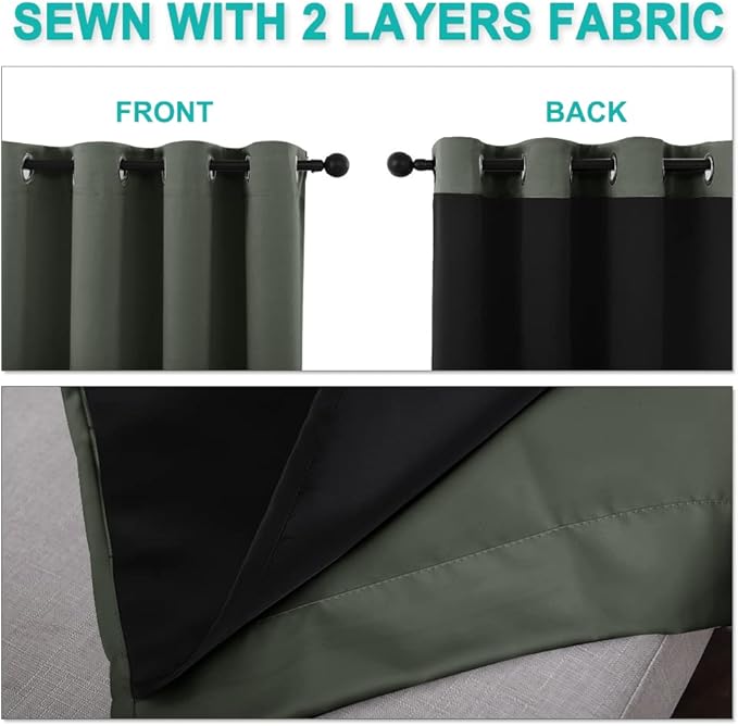 NICETOWN Dark Mallard 100% Blackout Lined Curtains, 2 Thick Layers Completely Blackout Window Treatment Panels Thermal Insulated Drapes for Kitchen (1 Pair, 42" Width x 63" Length Each Panel)