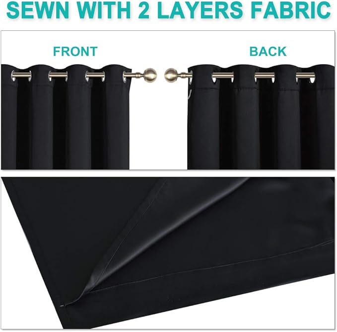 NICETOWN Complete 100% Blackout Curtain Set, Thermal Insulated & Energy Efficiency Window Draperies with Black Liner, Noise Reducing Short Curtains for Kids Room (Black, 37"W by 63"L, Double Panels)
