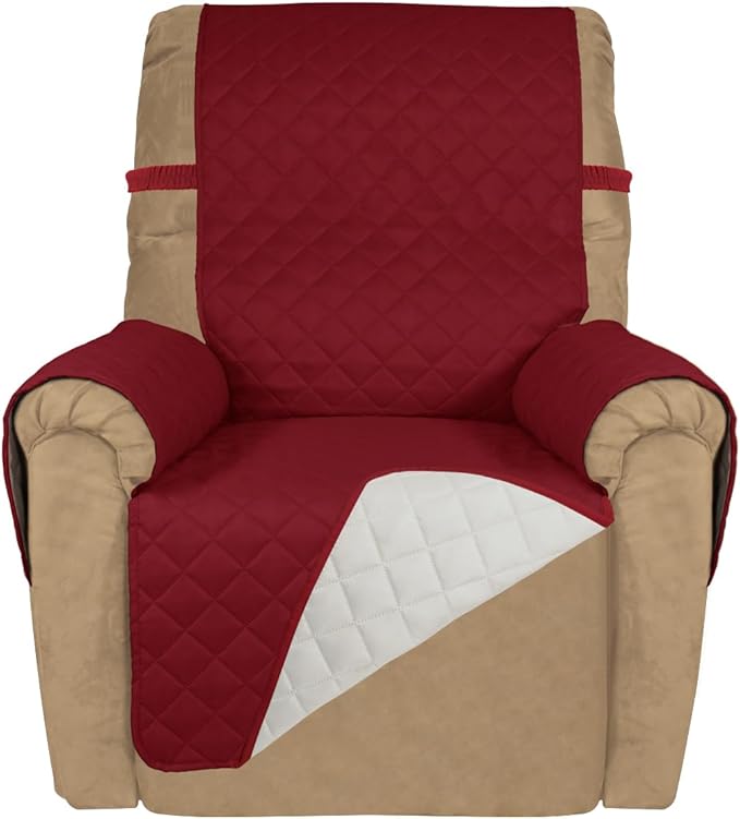 PureFit Reversible Quilted Sofa Cover, Water Resistant Slipcover Furniture Protector, Washable Couch Cover with Non Slip and Elastic Straps for Kids, Dogs, Pets (Small Recliner, Red/Ivory)