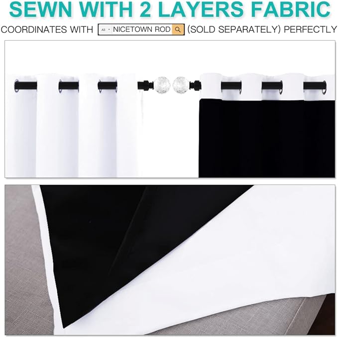 NICETOWN Pure White 100% Blackout Lined Curtains, 2 Thick Layers Completely Blackout Window Treatment Panels Thermal Insulated Drapes for Kitchen (1 Pair, 42-inch Width x 63-inch Length Each Panel)