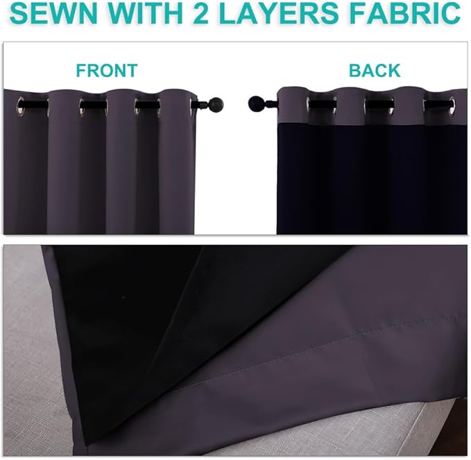 NICETOWN Full Shading Curtains for Windows, Greyish Purple, Pack of 2, 70 inches W x 95 inches L, Super Heavy-Duty Black Lined Blackout Curtains for Bedroom, Privacy Assured Window Treatment