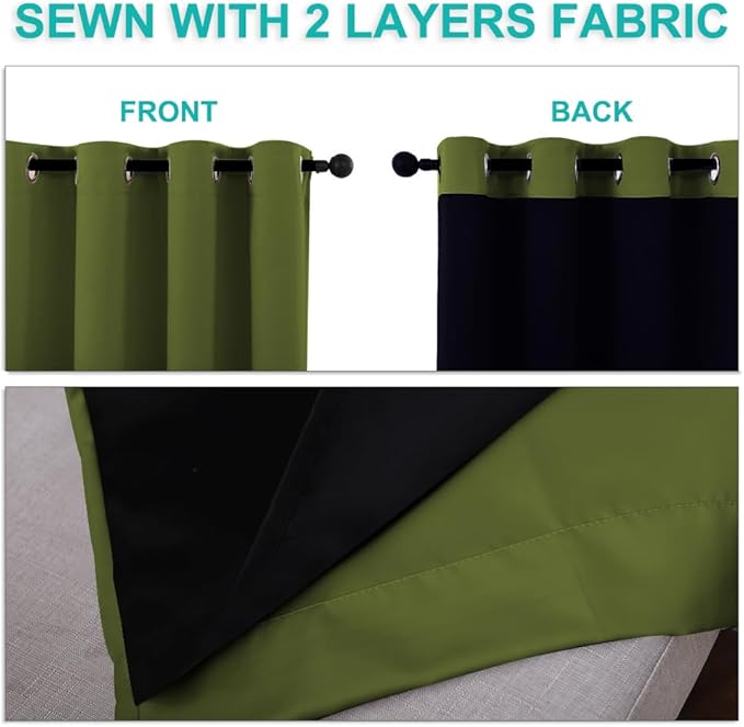 NICETOWN Olive Green Full Shade Curtain Panels, 37" Wide x 70" Long, Olive Green, Pair of Thermal Insulated & Energy Efficiency Blackout Drapes for Living Room, Lined Silky Performance Window Dressing