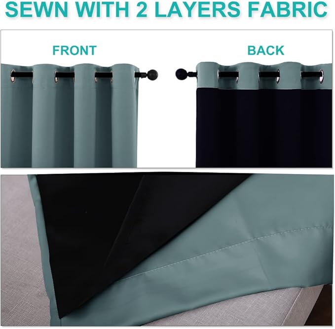 NICETOWN Aqua 100% Blackout Curtains 45 inches Long, 2 Thick Layers Completely Blackout Window Treatment Thermal Insulated Lined Drapes for Small Window (1 Pair, 52 inches Width Each Panel)