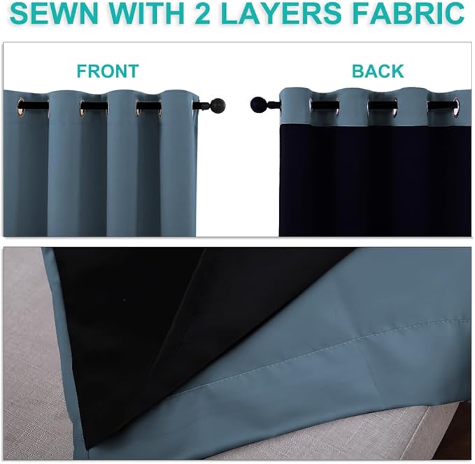 NICETOWN 100% Blackout Curtains 54" Long, Smoky Blue, 1 Pair, 52" Width Each Panel, Double-Deck Completely Blackout Window Treatment Thermal Insulated Lined Drapes for Small Window
