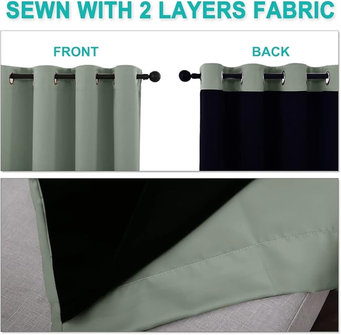 NICETOWN Greyish Green Blackout Curtains 84 inches Long, Full Light Blocking Drapes with Black Liner for Nursery, Noise Reducing Thermal Insulated Draperies for Doorway (2 Pieces, 37" Wide per Panel)