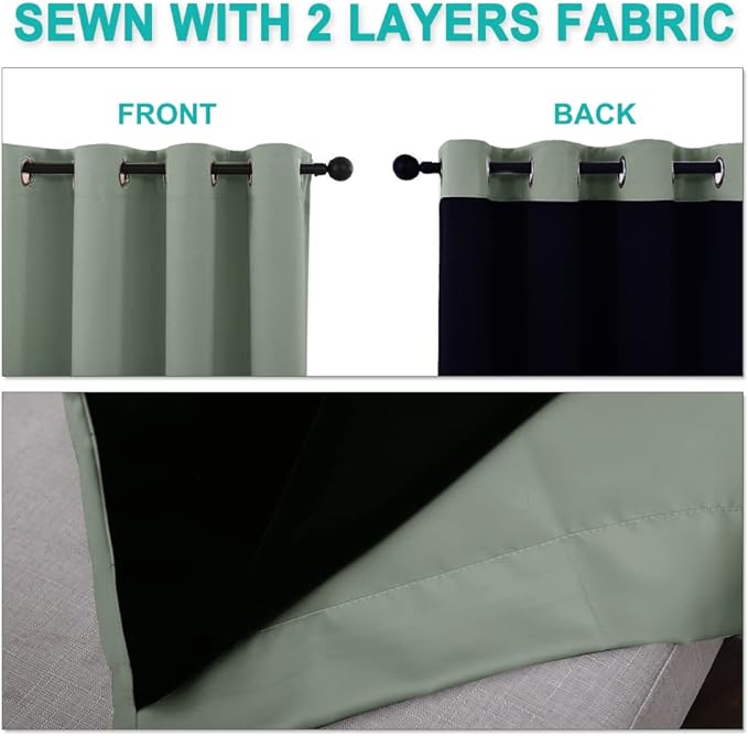 NICETOWN Full Shading Curtains 96 inches Long 2 Panels Set for Windows, Super Heavy-Duty Black Lined Blackout Curtains for Bedroom, Privacy Assured Window Treatment (Greyish Green, 55 inches W)