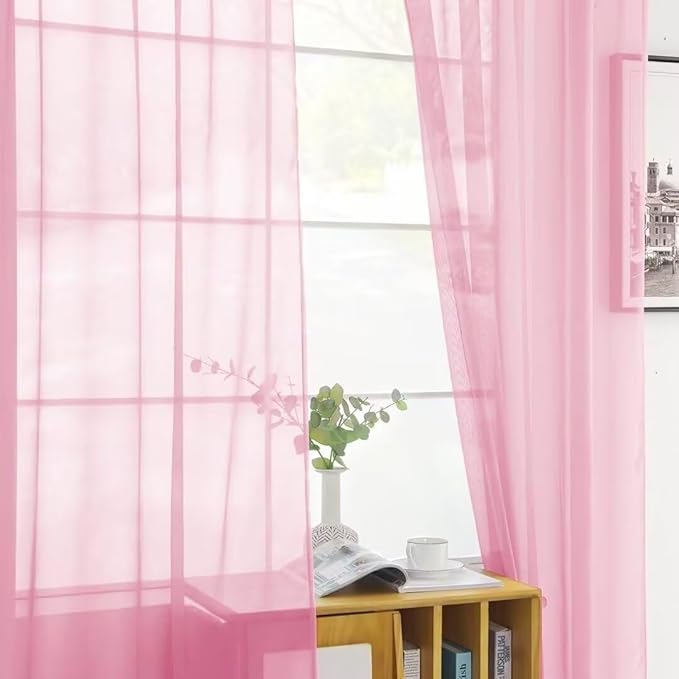 Youleyar Solid Sheer Rod Pocket Curtain Voile Draperies 2 Panels White Beige Black Grey Coffee 52 Inch Width 96 Inch Long 1 Pair for Kitchen Bedroom Children Living Room Yard (Pink, 52Wx96L)