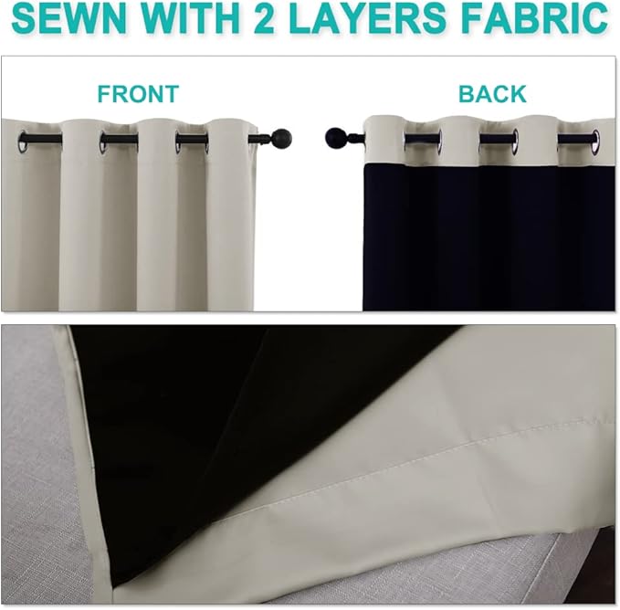 NICETOWN Natural 100% Blackout Lined Curtains, 2 Thick Layers Completely Blackout Window Treatment Thermal Insulated Drapes for Kitchen/Bedroom (1 Pair, 70 inches Width x 63 inches Length Each Panel)