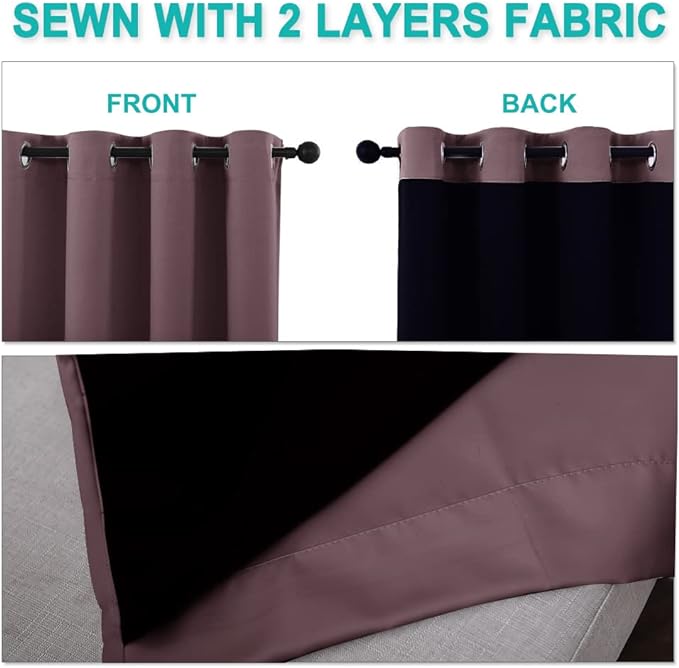 NICETOWN Dry Rose 100% Blackout Lined Curtains, 2 Thick Layers Narrow Wide Window Treatment Panels Thermal Insulated Drapes for Kitchen Small Window (1 Pair, 37" Width x 63" Length Each Panel)