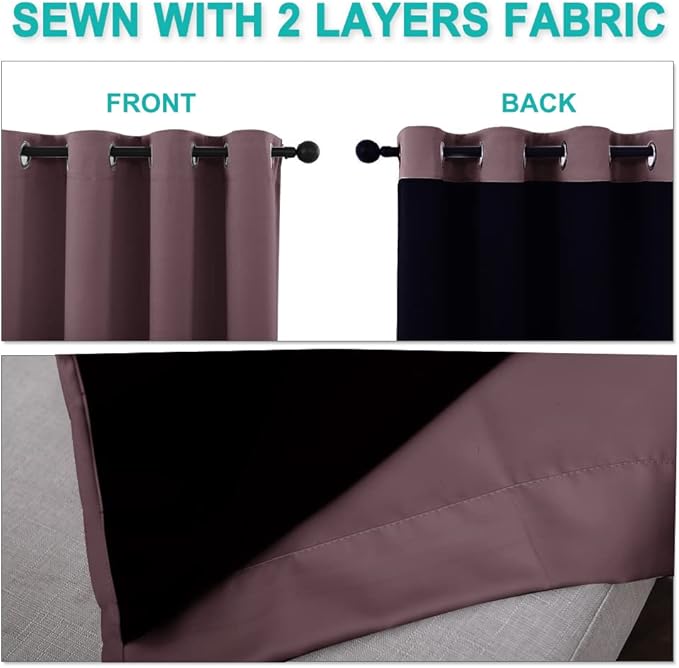 NICETOWN Dry Rose 100% Blackout Lined Curtains, 2 Thick Layers Completely Blackout Window Treatment Panels Thermal Insulated Drapes for Kitchen (1 Pair, 42" Width x 63" Length Each Panel)