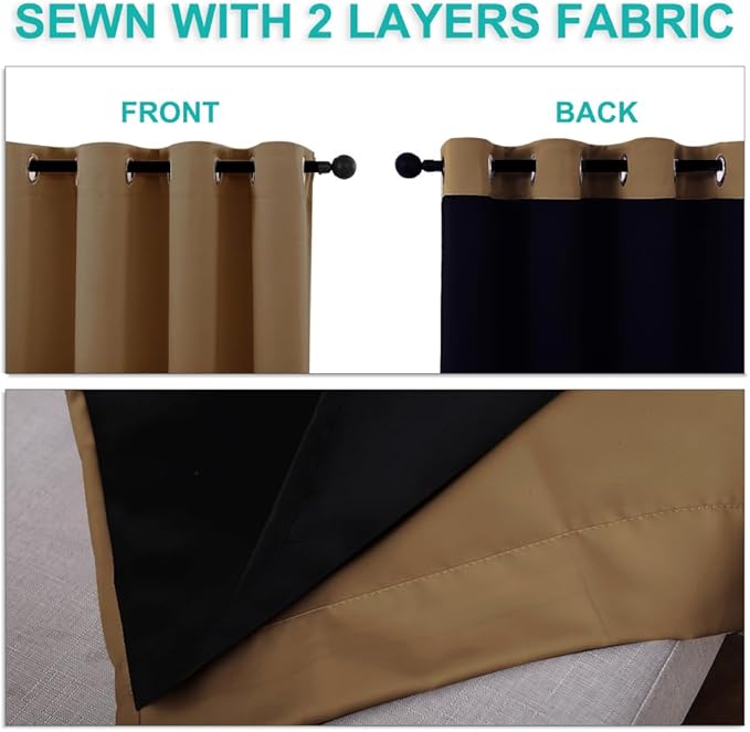 NICETOWN 100% Blackout Window Curtain Panels, Heat and Cold Blocking Drapes with Black Liner for Nursery, 84 inches Drop Thermal Insulated Draperies (Gold Brown, 2 Pieces, 52 inches Wide Each Panel)