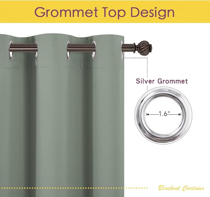 NICETOWN Bedroom Curtains Blackout Drapery Panels, 2 Panels, 70 x 108 inches, Greyish Green, Three Pass Microfiber Thermal Insulated Solid Ring Top Blackout Window Curtains/Drapes