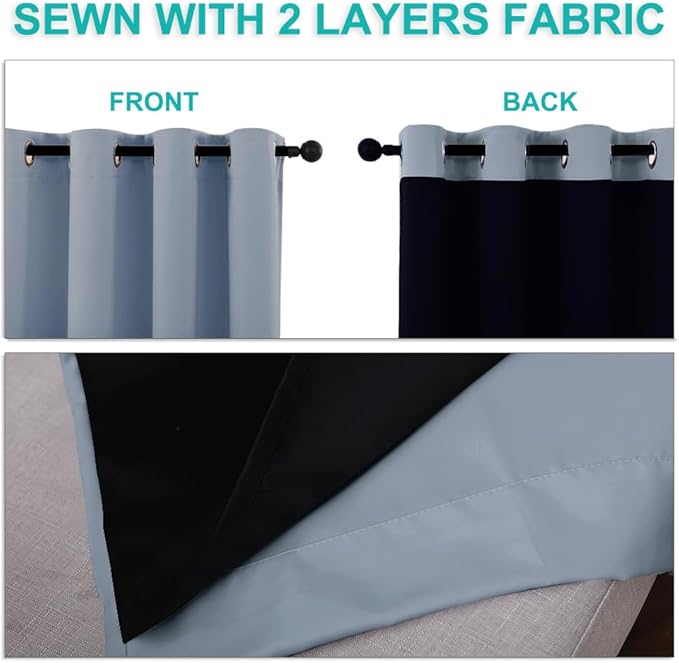 NICETOWN 100% Blackout Curtains for Windows, Pack of 2, Vintage Blue, 52" W x 120" L, Super Heavy-Duty Black Lined Total Darkness Drapes for Bedroom, Privacy Assured Window Treatment for Patio