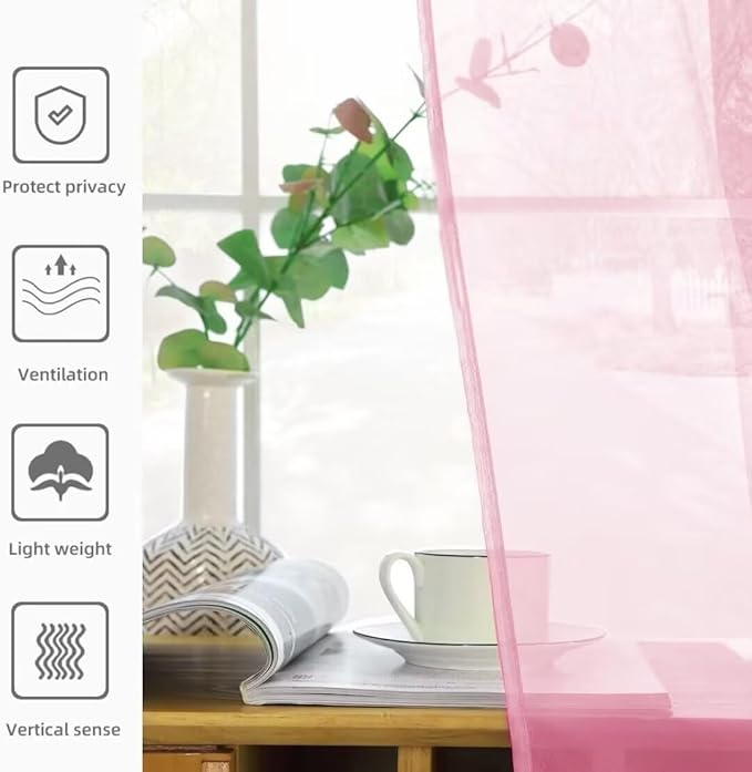 youleyar Solid Sheer Rod Pocket Curtain Voile Draperies 2 Panels White Beige Black Grey Coffee 52 Inch Width 63 Inch Long 1 Pair for Kitchen Bedroom Children Living Room Yard(Light Pink,52Wｘ63L)