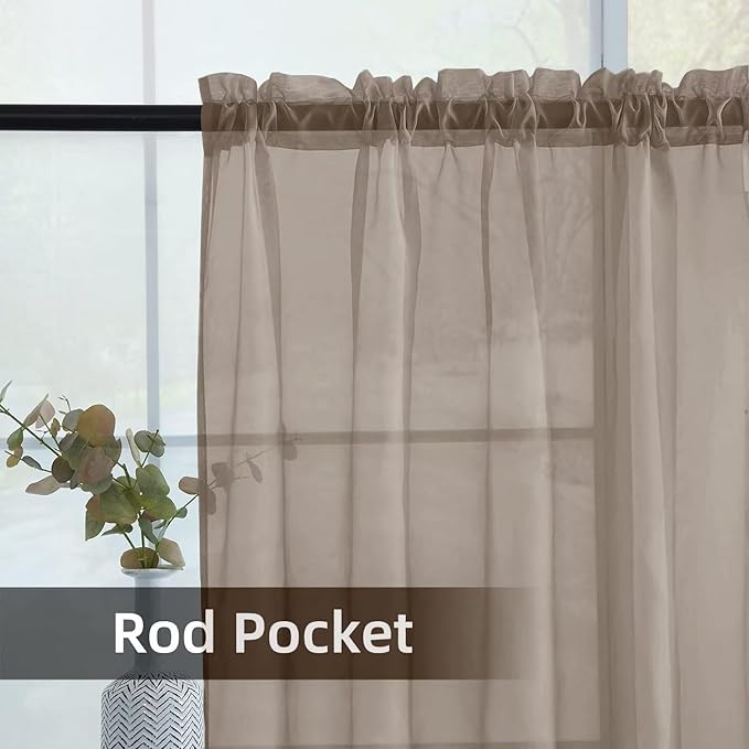 youleyar Solid Sheer Rod Pocket Curtain Voile Draperies 2 Panels White Beige Black Grey Ivory 52 Inch Width 54 Inch Long 1 Pair for Kitchen Bedroom Children Living Room Yard (Taupe,52Wｘ54L)