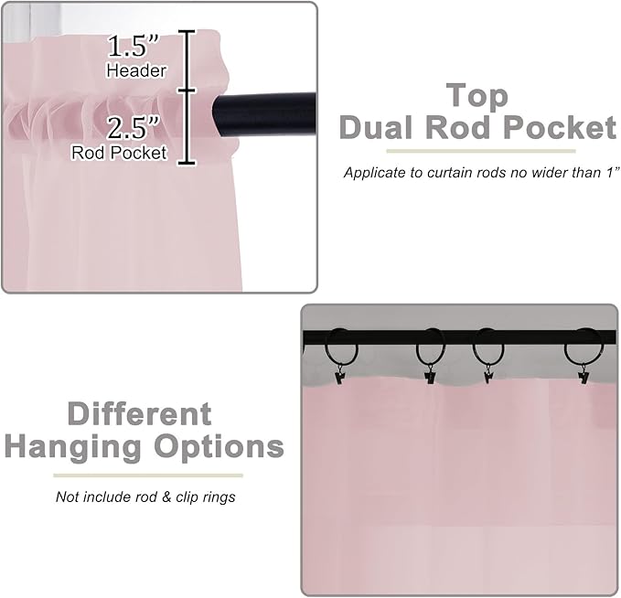 Blush Sheer Curtains 90 Inches Long 2 Panels Set for Bedroom Living Room, Soft Airy Light Filtering Modern Solid Rod Pocket Drapes Window Treatments, Blush, Each 59" W x 90" L