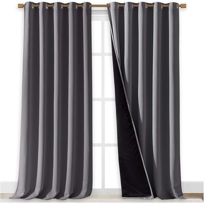 NICETOWN 100% Blackout Blinds, Laundry Room Decor Window Treatment Curtains for Large Patio Sliding Door, Thermal Insulated Grey Curtains for Bedroom, Set of 2, 70 inches x 108 inches