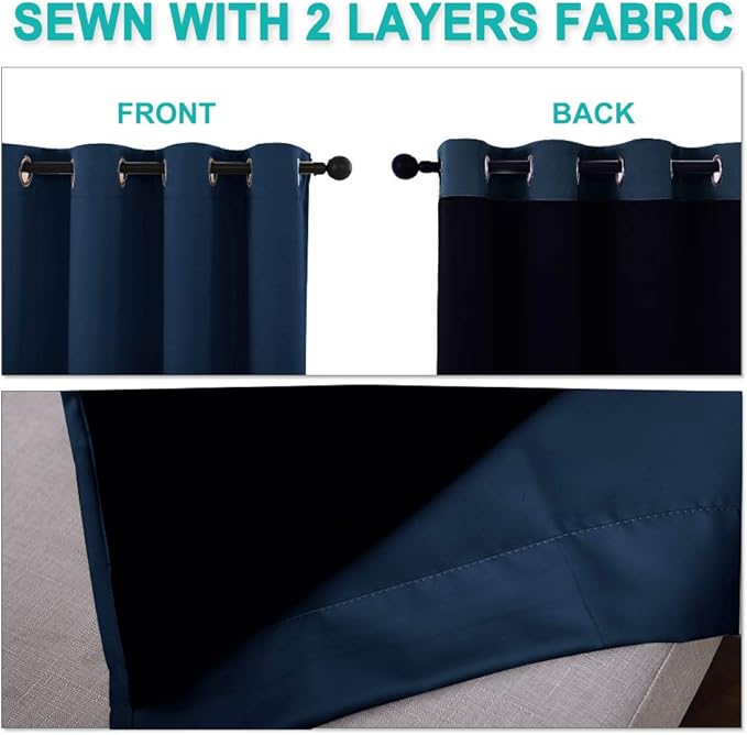 NICETOWN 100% Blackout Curtain Set, Thermal Insulated & Energy Efficiency Window Draperies for Guest Room, Full Shading Panels for Shift Worker and Light Sleepers, Navy Blue, 52W x 120L, 2 PCs