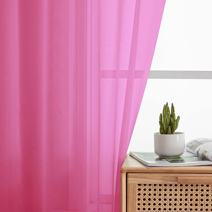 Extra Long Sheer Hot Pink Curtains for Bedroom Living Room 108 Inches Long 2 Panels Set, Solid Soft Light Filtering Rod Pocket Sheer Window Curtains, Hot Pink, Each 42" Wx108 L Inch