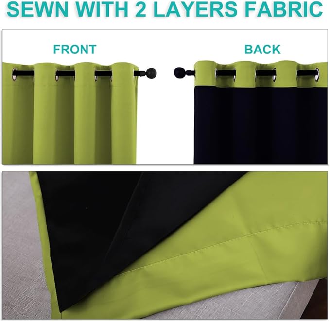NICETOWN Fresh Green Full Shade Curtain Panels, 37" Wide x 84" Long, Pair of Thermal Insulated & Energy Efficiency Blackout Drapes for Living Room Windows, Lined Silky Performance Window Dressing