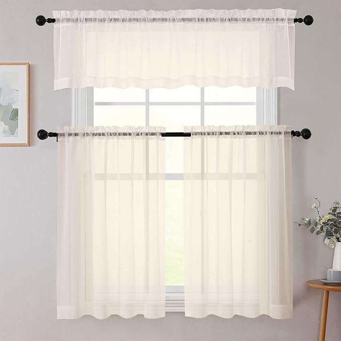 Cream Valances for Windows, Cream Sheer Curtains 14 Inch Length 2 Pack Kitchen Drapes, Modern Solid Mini Small Window Curtains for Cafe Bathroom Basement, 42" Wx14 L Inches