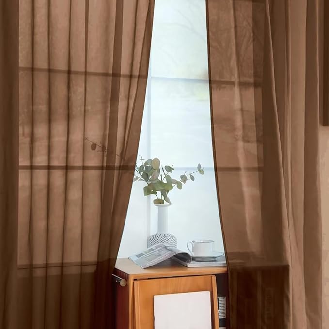 youleyar Solid Sheer Rod Pocket Curtain Voile Draperies 2 Panels White Beige Black Grey Coffee 52 Inch Width 54 Inch Long 1 Pair for Kitchen Bedroom Children Living Room Yard (Brown,52Wｘ54L)
