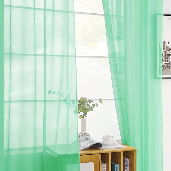 youleyar Solid Sheer Rod Pocket Curtain Voile Draperies 2 Panels White Beige Black Grey Coffee 52 Inch Width 90 Inch Long 1 Pair for Kitchen Bedroom Children Living Room Yard (Light Green,52Wｘ90L)