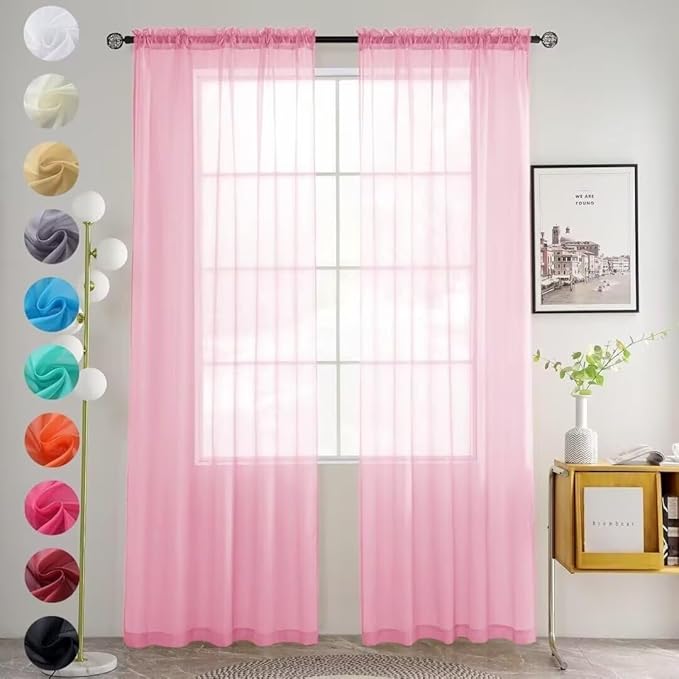 Youleyar Solid Sheer Rod Pocket Curtain Voile Draperies 2 Panels White Beige Black Grey Coffee 52 Inch Width 96 Inch Long 1 Pair for Kitchen Bedroom Children Living Room Yard (Pink, 52Wx96L)