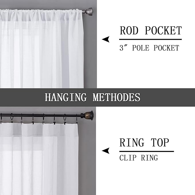 Tollpiz Short Sheer Curtain Living Room Linen Textured Curtains Sheer Light Filtering Voile Rod Pocket Curtain for Bedroom, 38 x 54 inches Long, White, Set of 2 Panels