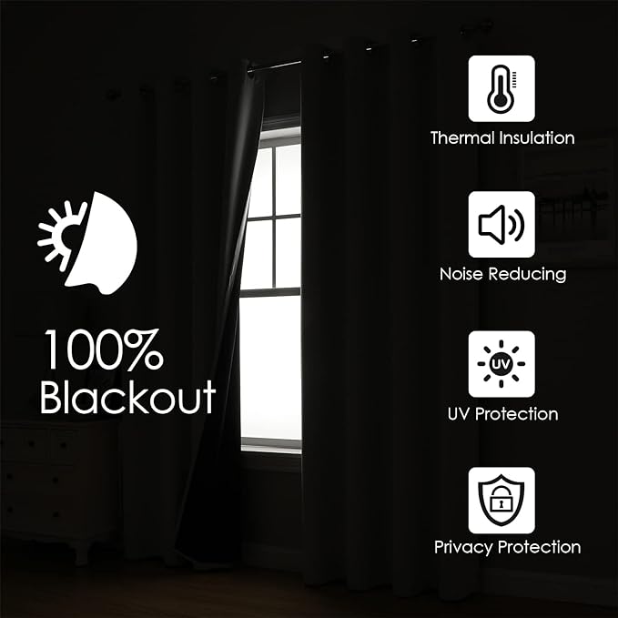 ChrisDowa 100% Blackout Curtains 63 inch Long for Bedroom with Black Liner, 2 Thick Layers Total Blackout Thermal Insulated Grommet Window Curtains 2 Panels Set (Beige, 38 x 63 Inch)