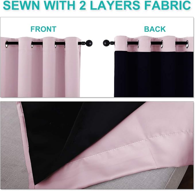NICETOWN 100% Blackout Window Curtain Panels, Baby Pink, 2 PCs, 62" Wide Each Panel, Cold and Full Light Blocking Drapes with Black Liner for Nursery, 84 inches Drop Thermal Insulated Draperies