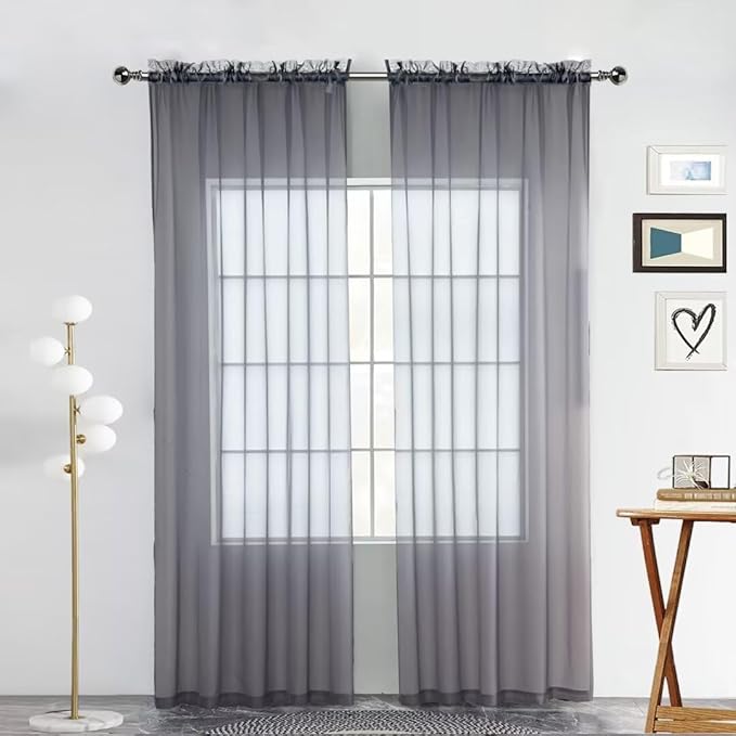 SpaceDresser Basic Rod Pocket Sheer Voile Window Curtain Panels White 1 Pair 2 Panels 38 Width 45 Inch Long for Kitchen Bedroom Children Living Room Yard(Grey,38 W x 45 L)
