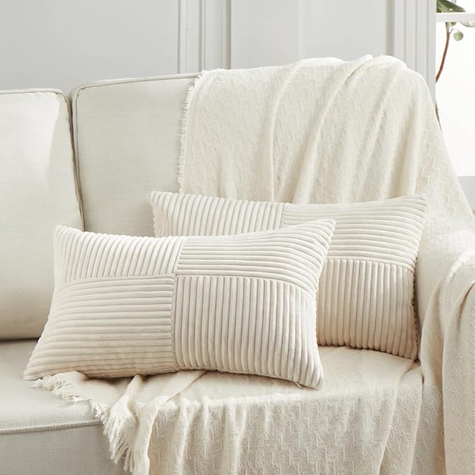 Fancy Homi 2 Packs Cream Long Lumbar Decorative Throw Pillow Covers 12x24 Inch for Couch Bed Sofa, Rustic Farmhouse Boho Home Decor, Soft Striped Corduroy Rectangle Accent Cushion Case 30x60 cm