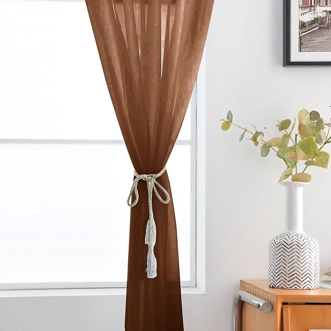 SpaceDresser Sheer Voile Window Treatment Rod Pocket Curtain Panels for Kitchen Bedroom Living Room Drapes Sunlight Filtering Privacy Semi Home Decor Assorted (Brown, 52 W x 63 L)