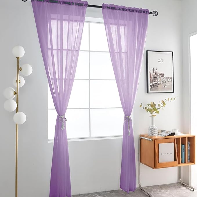 SpaceDresser Sheer Voile Window Treatment Rod Pocket Curtain Panels for Kitchen Bedroom Living Room Drapes Sunlight Filtering Privacy Semi Home Decor Assorted (Lavender, 52 W x 45 L)