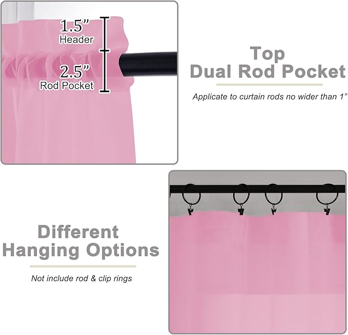 Pink Sheer Curtain for Bedroom Living Room 72 Inches Long 2 Panels Set, Solid Soft Airy Light Filtering Sheer Window Curtains, Modern Rod Pocket Door Curtain, Pink, 42" Wx72 L Inches