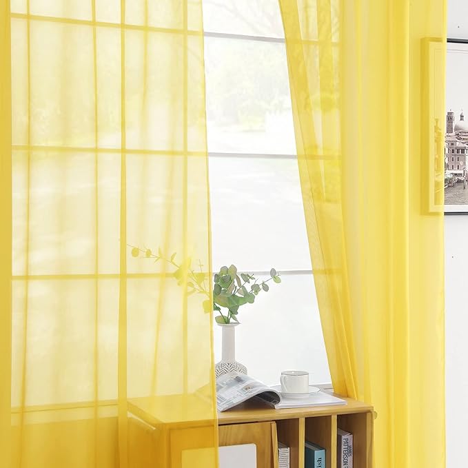 youleyar Solid Sheer Rod Pocket Curtain Voile Draperies 2 Panels White Beige Black Grey Coffee 52 Inch Width 90 Inch Long 1 Pair for Kitchen Bedroom Children Living Room Yard (Yellow,52Wｘ90L)