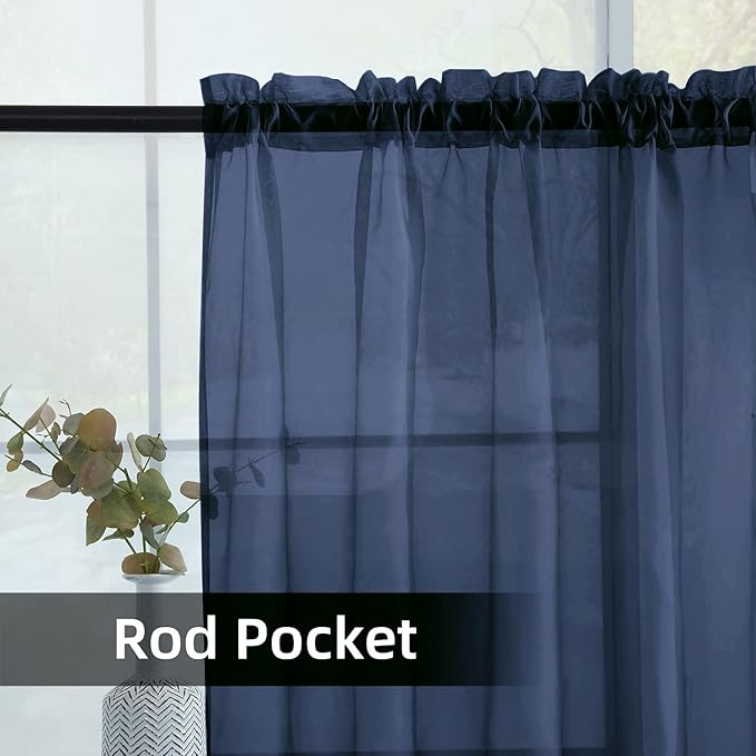 youleyar Solid Sheer Rod Pocket Curtain Voile Draperies 2 Panels White Beige Black Grey Coffee 52 Inch Width 84 Inch Long 1 Pair for Kitchen Bedroom Children Living Room Yard (Navy,52Wｘ84L)