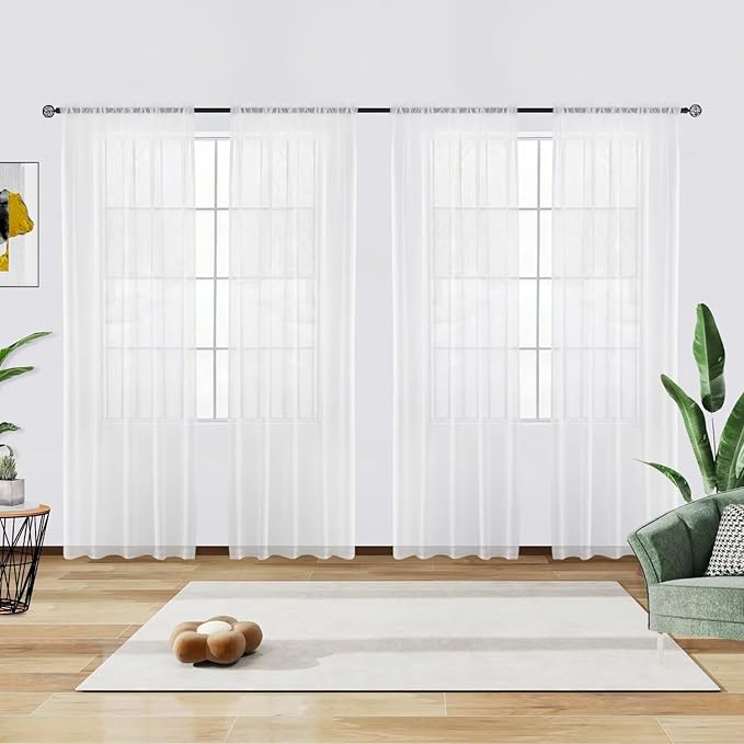 youleyar Solid Sheer Rod Pocket Curtain Voile Draperies 4 Panels White Beige Black Grey Coffee 52 Inch Width 72 Inch Long 1 Pair for Kitchen Bedroom Children Living Room Yard(White,52Wｘ72L)