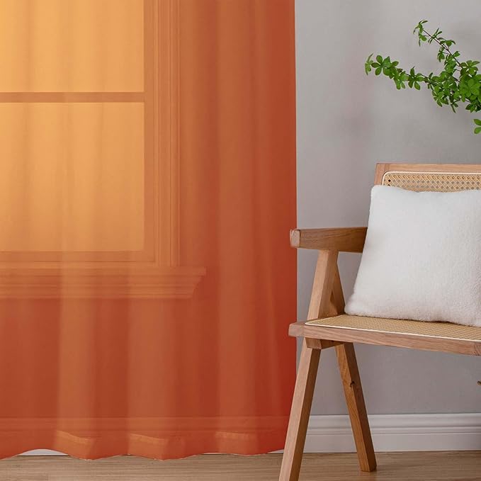 Orange Sheer Curtains for Bedroom Living Room 45 Inch Length 2 Panels, Soft Airy Light Filtering Small Kitchen Window Curtains, Rod Pocket Short Curtain Drapes, Orange, 42" Wx45 L Inches