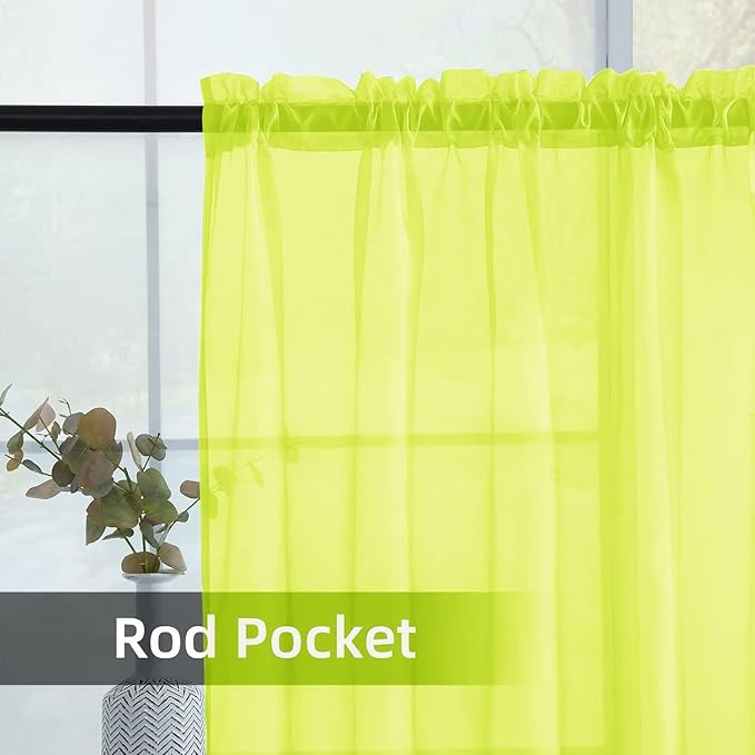 youleyar Solid Sheer Rod Pocket Curtain Voile Draperies 2 Panels White Beige Black Grey Ivory 52 Inch Width 63 Inch Long 1 Pair for Kitchen Bedroom Children Living Room Yard (Chartreuse,52Wｘ63L)