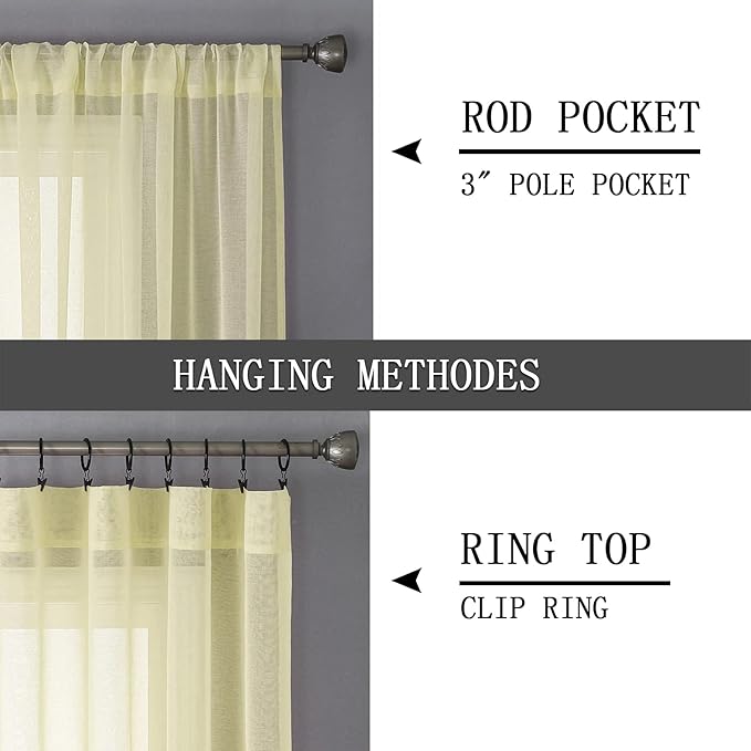 Tollpiz Sheer Curtain Linen Textured Living Room Curtains Sheer Light Filtering Rod Pocket Voile Curtain for Bedroom, 54 x 72 inches Long, Transparent Yellow, Set of 2 Panels