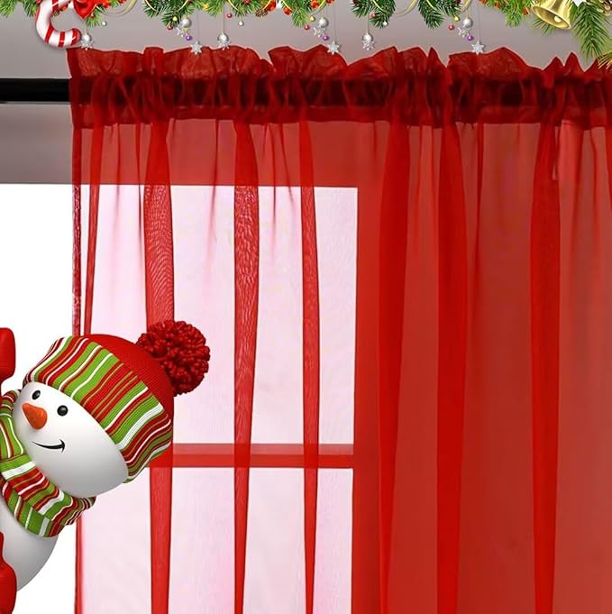SpaceDresser Sheer Voile Window Treatment Rod Pocket Curtain Panels for Kitchen Bedroom Living Room Drapes Sunlight Filtering Privacy Semi Home Decor Assorted (Red, 52 W x 84 L)