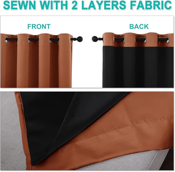 NICETOWN Full Shading Curtains 96 inches Long 2 Panels Set for Windows, Super Heavy-Duty Black Lined Blackout Curtains for Bedroom, Privacy Assured Window Treatment (Burnt Orange, 55 inches W)