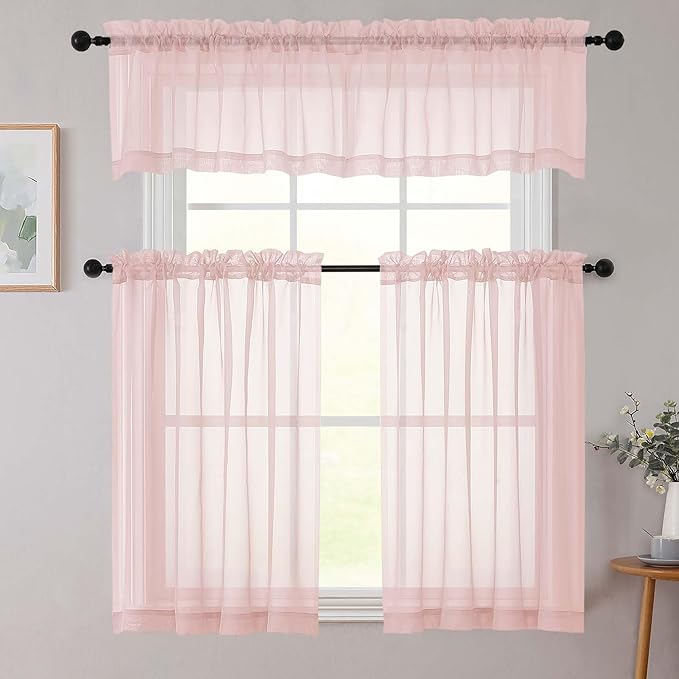 Blush Valances for Windows, Blush Sheer Curtains 14 Inch Length 2 Pack Kitchen Drapes, Modern Solid Mini Small Window Curtains for Cafe Bathroom Basement, Each 42" Wx14 L Inches