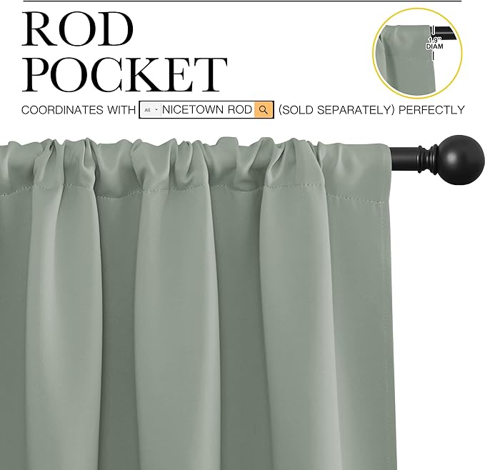 NICETOWN Window Curtains Blackout Drapes - Thermal Insulated Solid Rod Pocket Blackout Curtains/Draperies for Living Room (Sage Green, One Pair, 34 by 36-Inch)