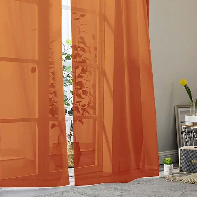 Sheer Orange Curtains for Bedroom Living Room 54 Inch Length 2 Panels Set, Solid Soft Airy Light Filtering Window Treatments, Modern Rod Pocket Drapes, Orange, 42" Wx54 L Inches