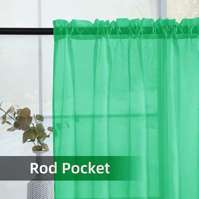 youleyar Solid Sheer Rod Pocket Curtain Voile Draperies 2 Panels White Beige Black Grey Coffee 52 Inch Width 54 Inch Long 1 Pair for Kitchen Bedroom Children Living Room Yard (Grass Green,52Wｘ54L)
