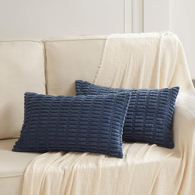 Fancy Homi 4 Packs Dusty Blue Decorative Throw Pillow Covers 12x24 Inch for Living Room Couch Bed Sofa, Rustic Farmhouse Boho Home Decor, Soft Plush Striped Corduroy Square Cushion Case 30x60 cm