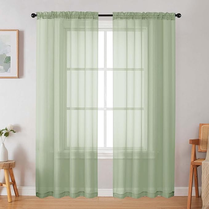 Light Green Sheer Curtain for Bedroom Living Room 72 Inches Long 2 Panels Set, Solid Soft Airy Light Filtering Sheer Window Curtains, Modern Rod Pocket Door Curtain, 42" Wx72 L Inches